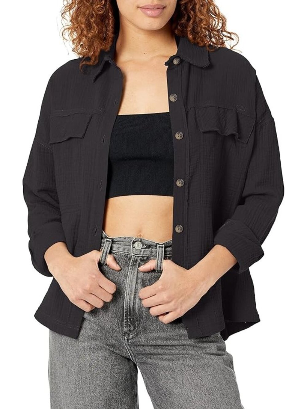 Supplies by UNIONBAY Crinkle Gauze Button Front Shirt Jacket/ Top, Black